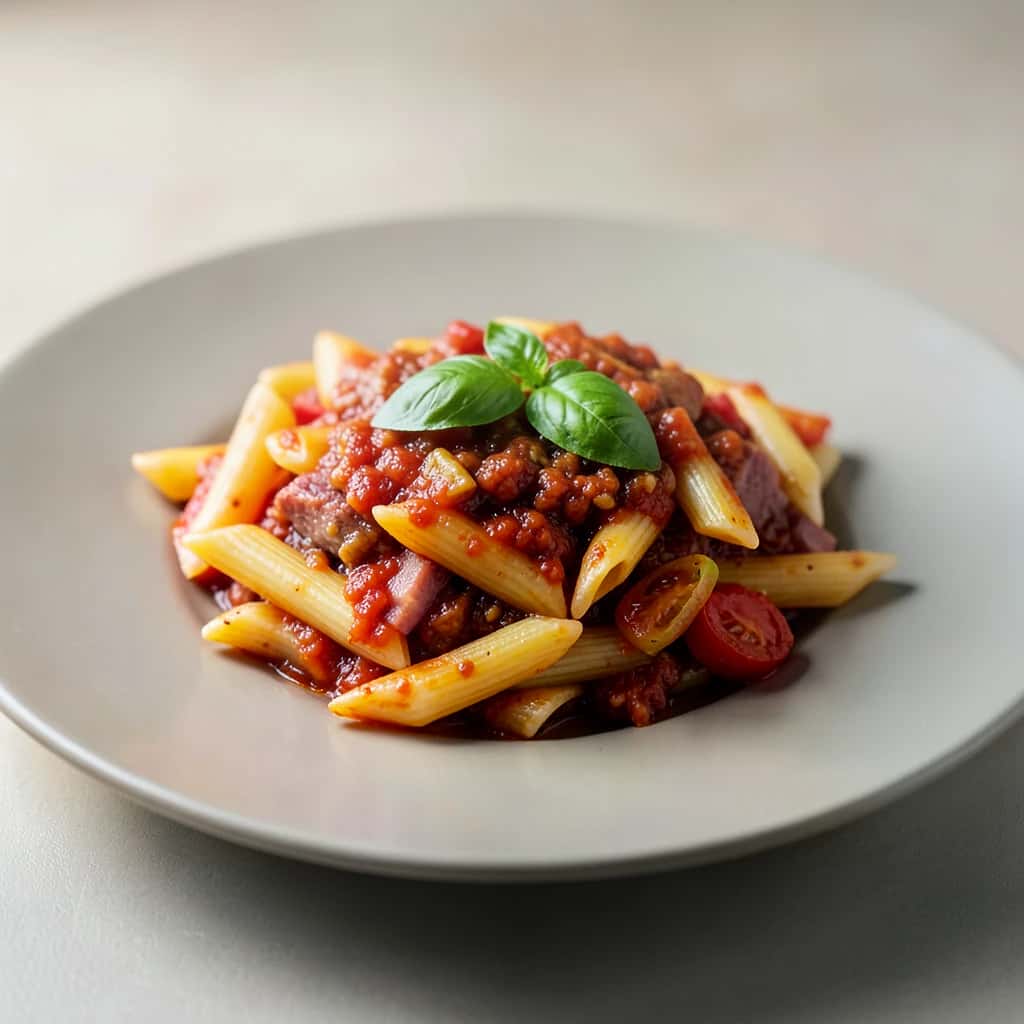 Amatriciana reinterpretată cu pulpă de porc și roșii cherry confiate