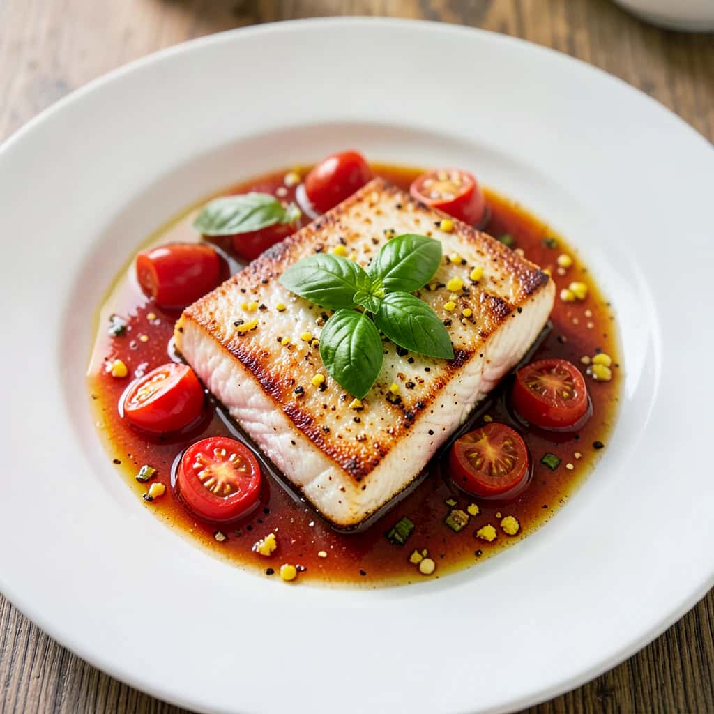 Bacalao salteado en salsa de tomate, vino blanco y albahaca