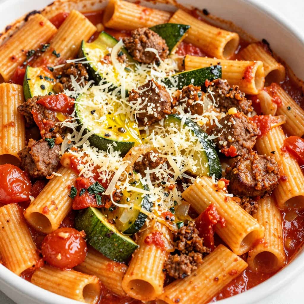 Rigatoni con salsiccia, pomodori e zucchine