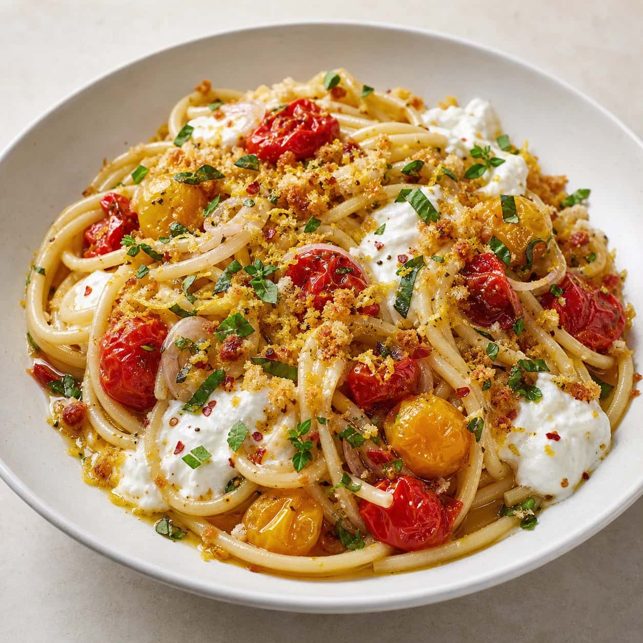 Bucatini aux Tomates Cerises, Burrata et Vin Blanc