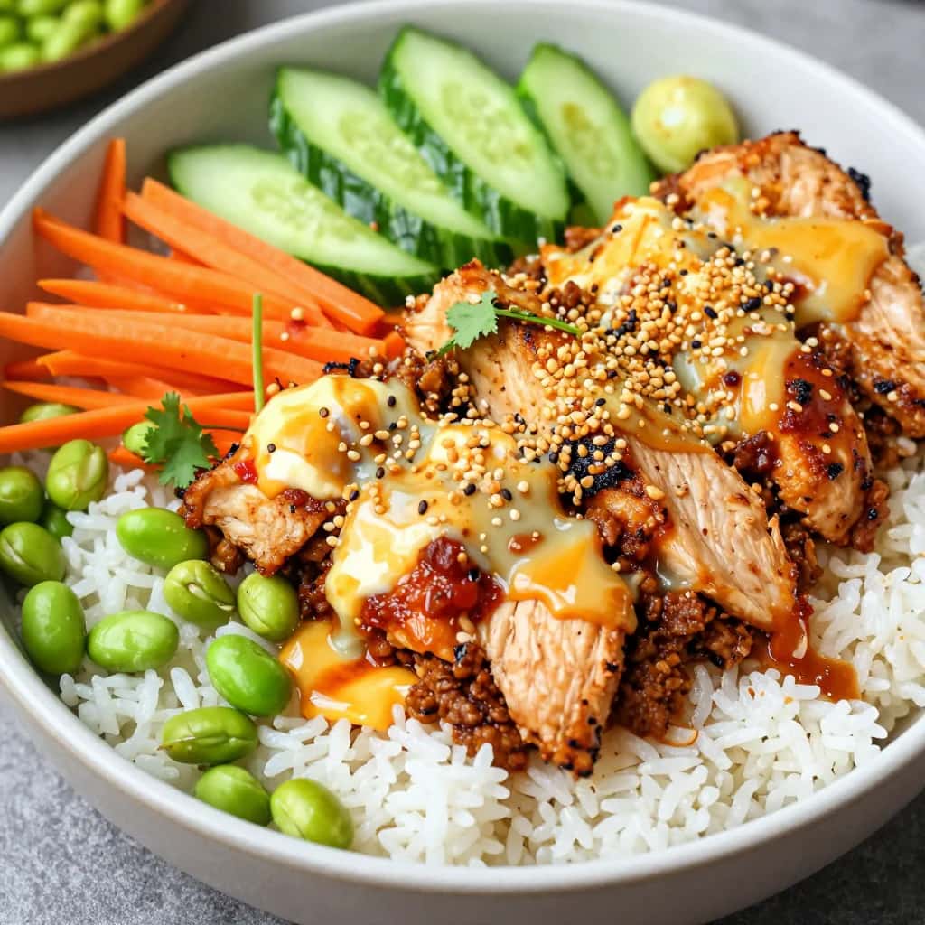 Würzige Erdnuss-Hähnchen-Bowls (hoher Proteingehalt)