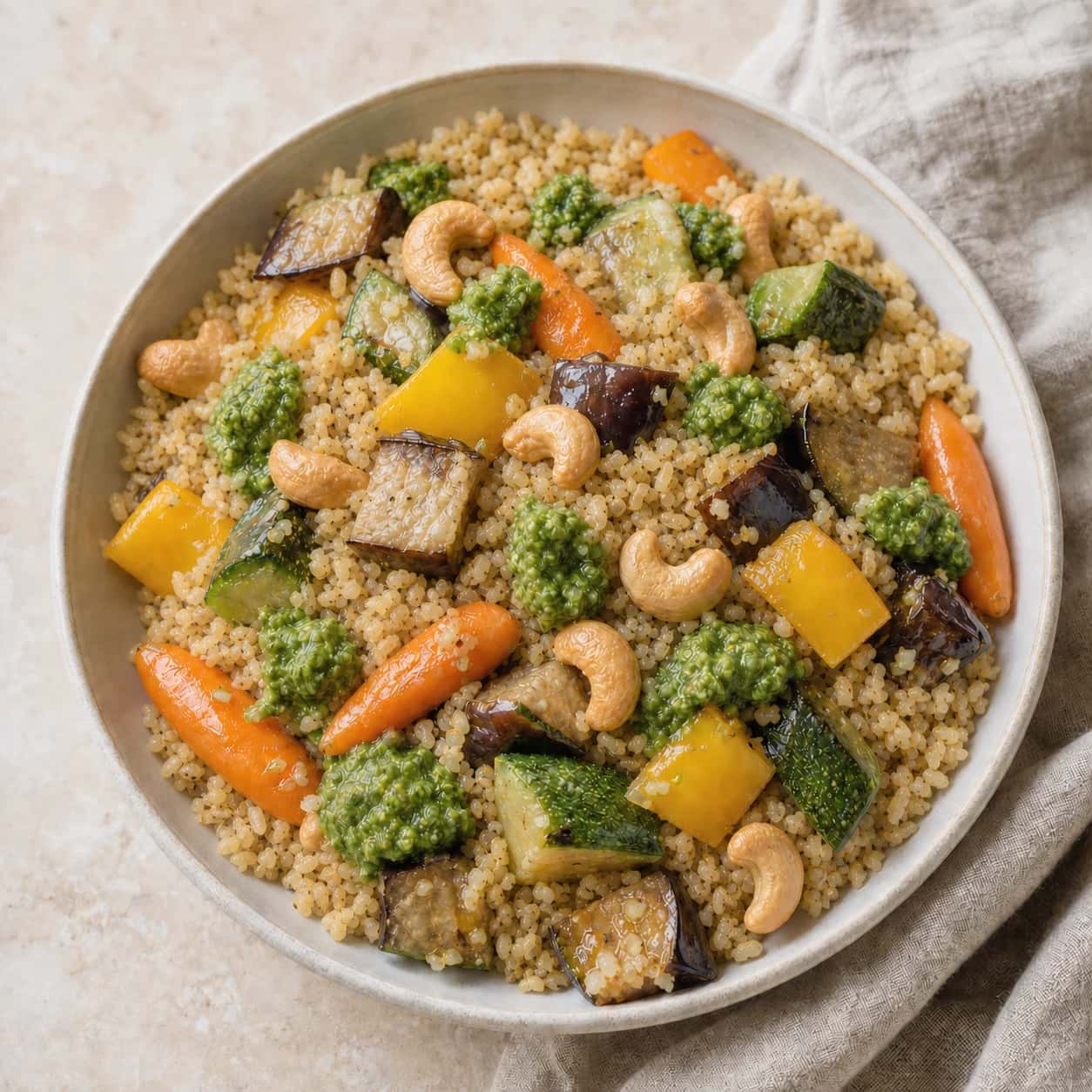 Taboulé aux noix de cajou et légumes mijotés