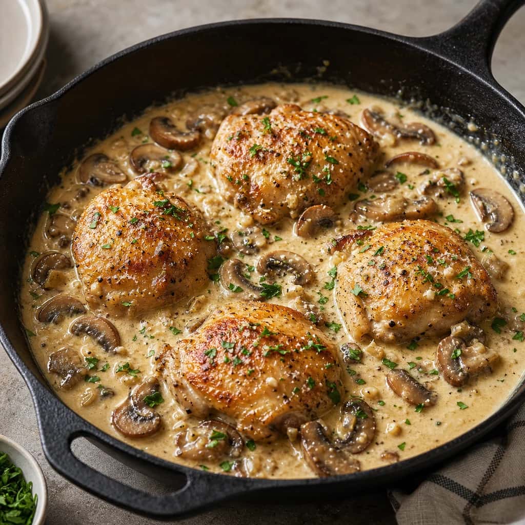 Pollo cremoso con champiñones y ajo