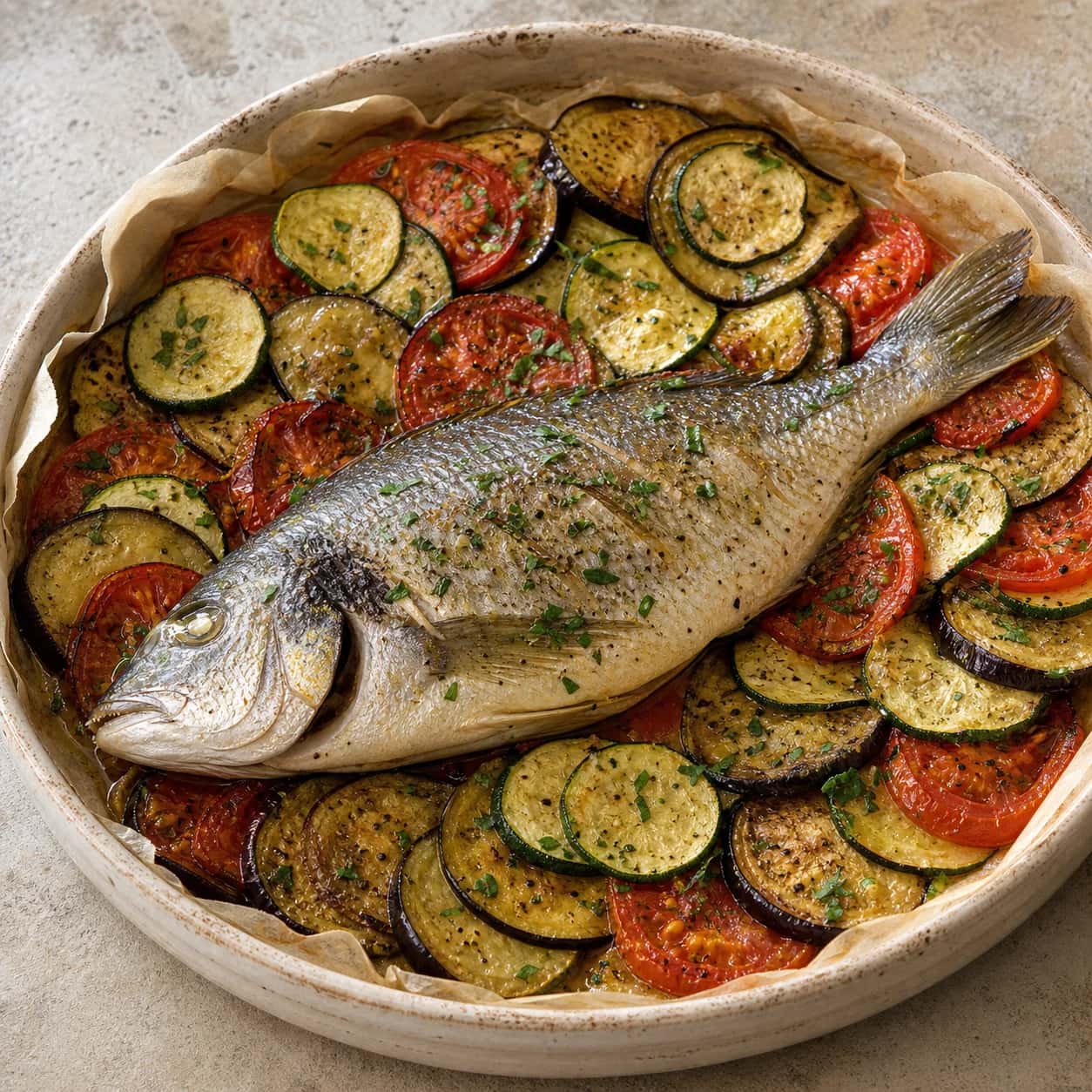 Dorade aus dem Ofen mit Gemüse