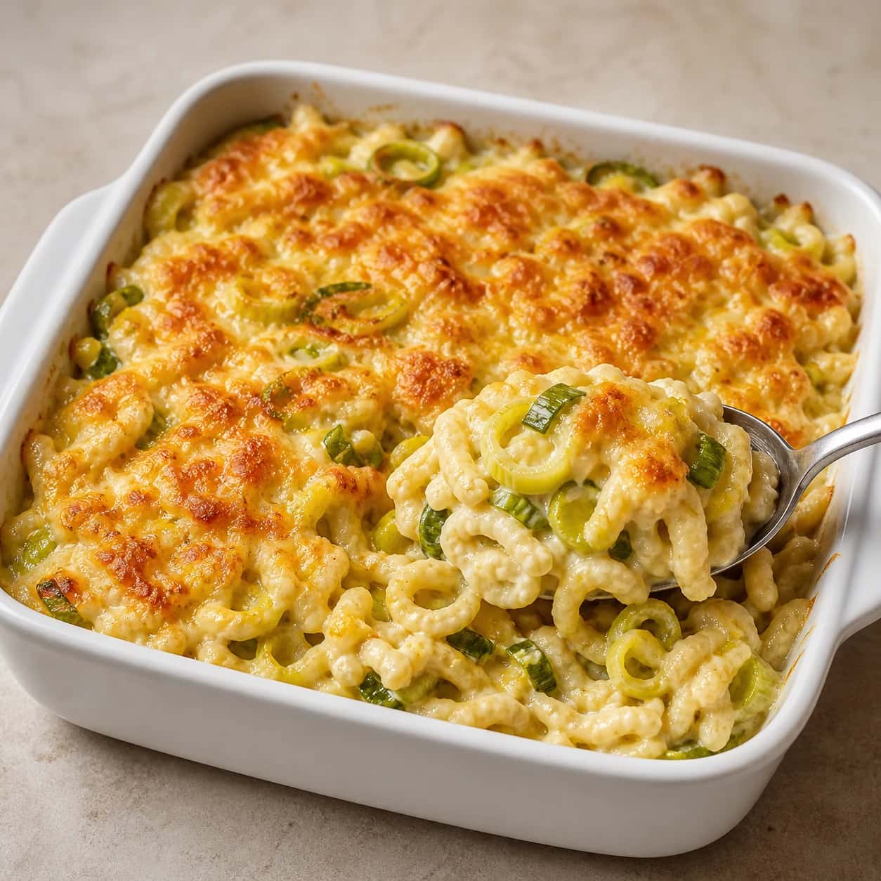 Budincă de spaetzle cu praz și brânză